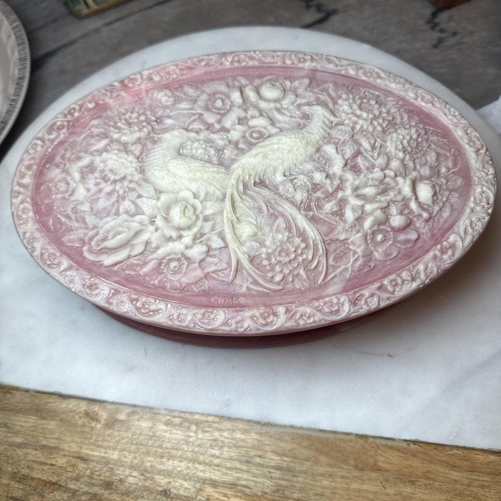 Vintage 1975 Genuine Incolay Pink Stone Jewelry Box - Birds of Paradise Floral